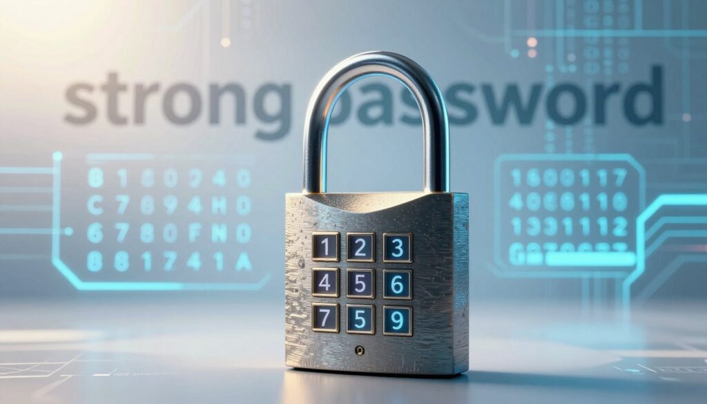 A visually engaging representation of a "strong password," incorporating elements that symbolize security and complexity. In the foreground, a large, intricately designed lock, gleaming metallic with a digital keypad, sits prominently, conveying the concept of safeguarding data. In the middle ground, a digital interface displaying a series of alphanumeric characters intertwined with symbols, suggesting a robust password structure. The background features a soft-focus, glowing abstract pattern of binary code and circuit board designs, creating a high-tech atmosphere. The lighting is bright yet gentle, emanating from the top left, casting subtle shadows to enhance depth. The overall mood is one of confidence and security, showcasing the importance of strong passwords in our digital lives.
