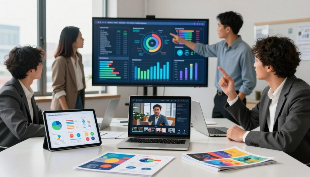 A visually engaging representation of diverse content marketing formats, arranged in a modern office setting. In the foreground, a sleek table displays various formats: a tablet showing an engaging infographic, a laptop featuring a video player, and brochures with vibrant imagery. In the middle ground, a group of diverse professionals—dressed in business attire—collaborates enthusiastically, pointing at a large digital screen filled with colorful data visualizations and charts illustrating content performance. The background includes a window offering a cityscape view, with warm, natural lighting casting a productive atmosphere. The mood is dynamic and inspirational, reflecting innovation and collaboration in content marketing strategies.