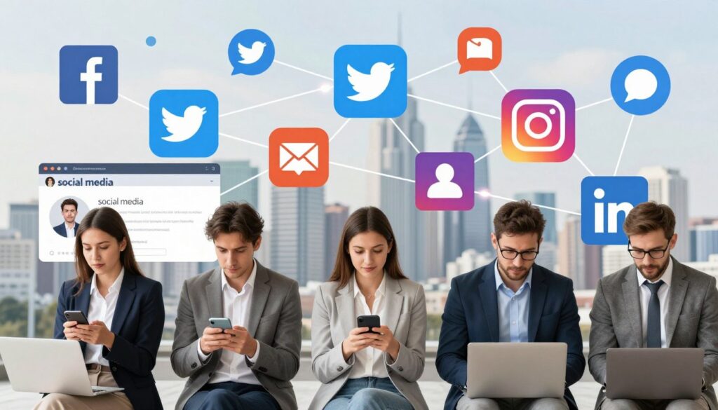 A visually engaging representation of "social media" depicting various platforms like Facebook, Twitter, Instagram, and LinkedIn, illustrated through vibrant icons and user interfaces. In the foreground, diverse individuals in professional business attire are collaborating while using smartphones and laptops, displaying a sense of teamwork and communication. The middle ground features a digital collage of social media icons interconnected with lines of light, symbolizing connections and interactions. The background shows a soft-focus city skyline, suggesting a modern, digital world. The lighting is bright and inviting, enhancing a feeling of openness and connectivity. The overall mood is dynamic and productive, reflecting the expansive reach of social media as a communication tool beyond traditional email.