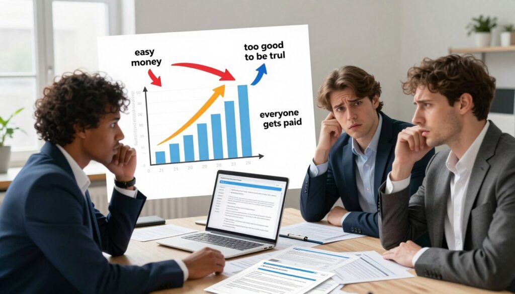 A visually engaging scene depicting the common misconceptions about online surveys. In the foreground, a diverse group of three individuals in professional business attire, looking puzzled as they interact with a computer and survey forms scattered around them. The middle layer features a large chart illustrating common myths like "easy money," "too good to be true," and "everyone gets paid," with exaggerated, colorful arrows pointing to each misconception. In the background, a calm office environment with soft, natural lighting streaming through a window, creating a relaxed and thoughtful atmosphere. The angle is slightly tilted, giving a dynamic perspective that emphasizes the confusion and curiosity of the subjects regarding online surveys. The mood should evoke a sense of questioning and discovery.