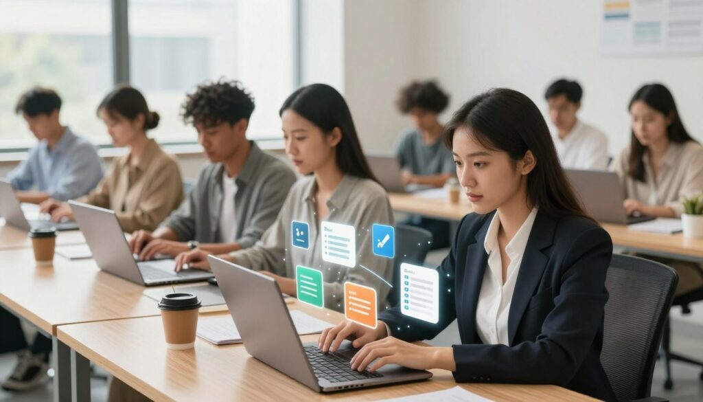 A visually engaging workspace dedicated to microtasks, featuring diverse individuals working intently on their laptops and tablets. In the foreground, a young woman in professional attire is focused on her screen, with icons representing various microtask types, like surveys, data entry, and image tagging, subtly floating around her. In the middle ground, a diverse group of people collaborates, showcasing a mix of ages and ethnicities, immersed in their work. The background includes a bright, modern office environment with large windows allowing natural light to stream in, casting soft shadows. The overall atmosphere is vibrant yet professional, conveying a sense of productivity and opportunity. The scene is captured with a slightly wide-angle lens to provide depth and clarity, enhancing the feeling of an active and collaborative workspace.