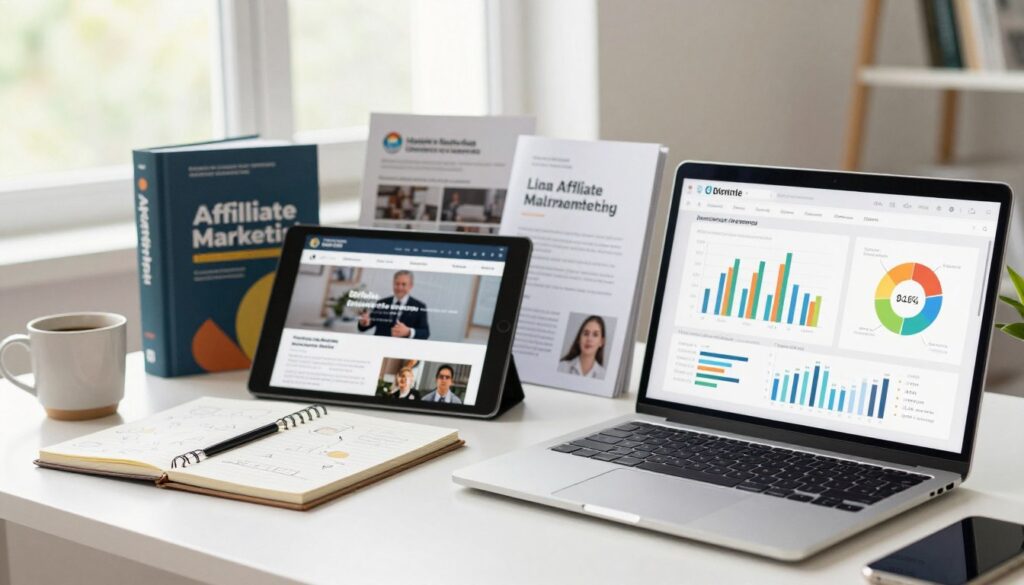 A visually engaging workspace depicting a variety of affiliate support and marketing resources. In the foreground, showcase a clean desk with a laptop displaying colorful charts and analytics, alongside a notepad filled with strategies. Include a coffee cup and a smartphone for a modern touch. In the middle ground, feature books on affiliate marketing, a digital tablet with an online course, and brochures for health affiliate programs. In the background, softly blurred, have a bright window with natural light streaming in, creating an open and inviting atmosphere. The mood is motivational and professional, emphasizing organization and focus on success in health affiliate marketing. Use soft lighting and a slightly angled perspective to enhance depth.