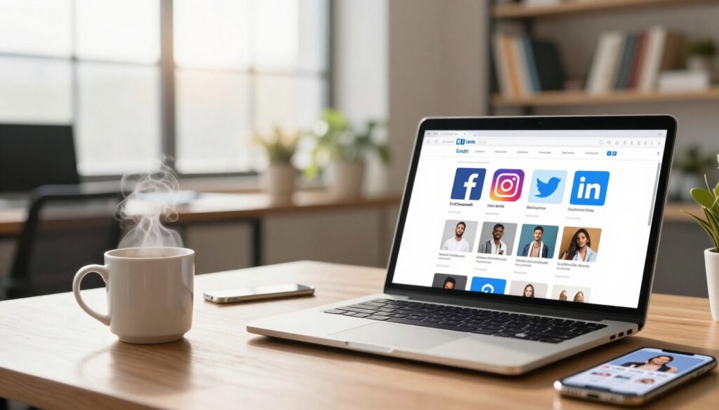 A visually engaging workspace scene featuring a stylish desk with a laptop open to various social media platforms, including recognizable logos like Facebook, Instagram, Twitter, and LinkedIn. In the foreground, include a steaming coffee mug and a smartphone displaying an influencer’s profile page. The middle of the image shows a blurred view of an office environment, framed by large windows letting in soft, natural light, casting a warm glow across the scene. In the background, a shelf lined with books and plants adds a touch of vibrancy. The mood is professional yet inviting, emphasizing collaboration and connection, with a warm color palette that inspires creativity and productivity.