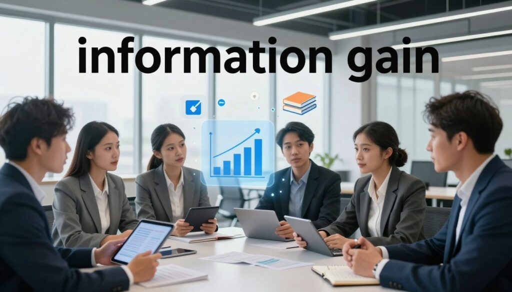 A visually striking illustration of "information gain," focusing on the concept of enhancing content quality. In the foreground, a diverse group of professionals in smart business attire are engaged in an animated discussion, holding digital tablets and notebooks filled with data. The middle layer features floating icons representing data analytics, graphs, and books that symbolize knowledge acquisition. In the background, a sleek, modern office setting with large windows pouring in soft, natural light creates an inviting atmosphere. The mood is collaborative, insightful, and innovative, conveying the essence of creating unique and valuable content. Use a wide-angle lens to capture the dynamics of the scene, with attention to detail and clarity in the digital tools and expressions of determination on the faces of the professionals.