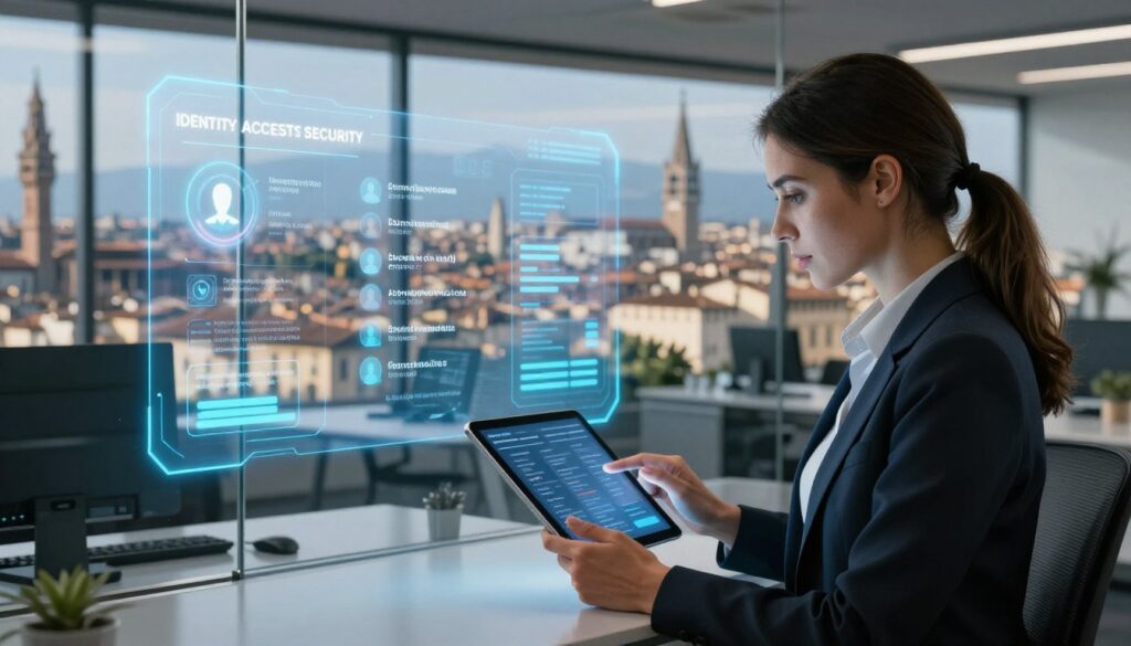 A visually striking representation of identity access security focused on compliance, set in a modern European office environment. In the foreground, a professional woman in business attire reviews digital access controls on a sleek tablet, illuminated by soft, diffused lighting. In the middle, a glass partition displays a holographic interface depicting security protocols and user authentication methods. The background features a panoramic view of a bustling Italian cityscape, with historic architecture blended harmoniously with modern tech elements. The scene conveys a sense of professionalism, vigilance, and advanced technology, emphasizing the importance of security measures in business operations. The atmosphere is serious yet optimistic, showcasing the fusion of compliance and innovation in the digital age.