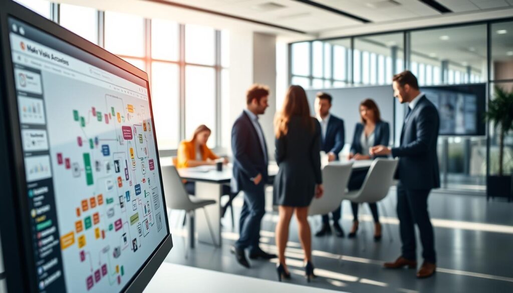 A visually striking representation of the Make.com visual programming platform, showcasing colorful and interconnected workflow nodes. In the foreground, a close-up view of a computer screen illustrating a dynamic interface with flowcharts and automation paths. The middle ground features a diverse group of professionals in business attire, actively collaborating around a conference table, analyzing the interface. In the background, a modern office environment with a sleek, minimalist design, large windows allowing natural light to flood in, creating a bright and inviting atmosphere. Soft shadows enhance the depth of the scene, while a focus on clarity emphasizes the balance between simplicity and complexity, evoking a mood of creativity and productivity in the realm of online workflows.