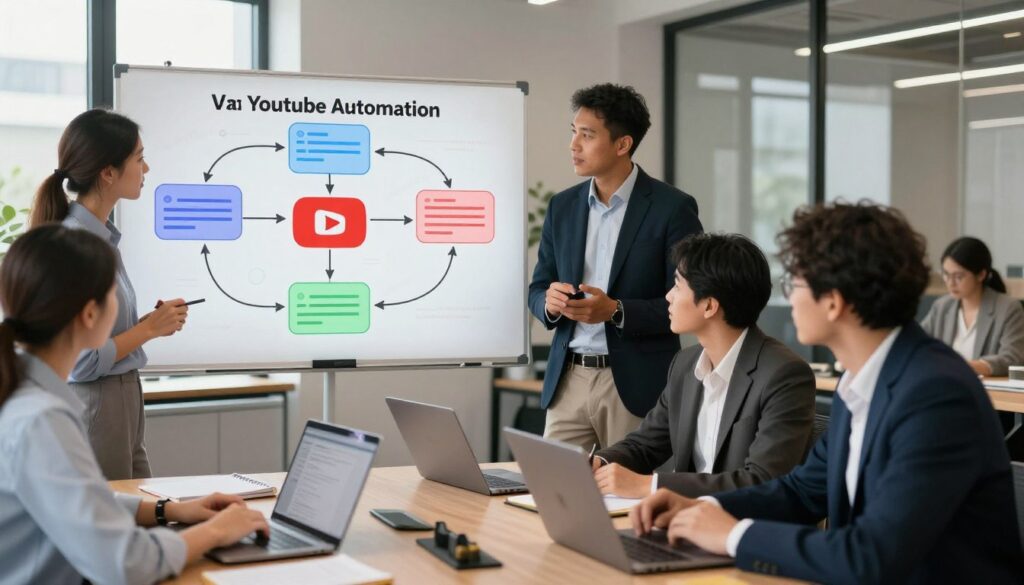 A visually striking scene illustrating the best practices for YouTube automation. In the foreground, a diverse group of professionals in business attire are intently discussing strategies, surrounded by laptops and notepads. In the middle ground, a large whiteboard displays colorful diagrams of automation processes, including analytics, content scheduling, and engagement strategies. The background features a stylish office space with soft lighting to create a productive atmosphere. Natural light streams in through large windows, enhancing the focus and clarity of the scene. The mood is collaborative and innovative, reflecting the exciting possibilities of YouTube automation for content creators. The image should be sharp, with a balanced composition that draws the viewer's eye to the teamwork and creativity of the professionals.