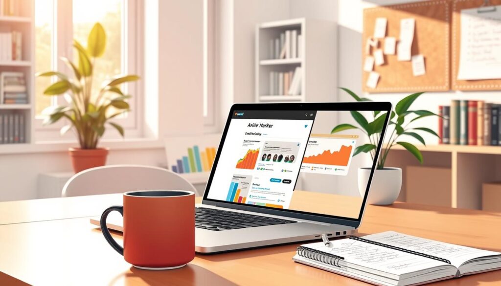 AWeber email marketing tool illustrated in a modern workspace. In the foreground, a sleek laptop displaying the AWeber interface, with colorful graphs and email templates visible on the screen. Next to the laptop, a notepad filled with handwritten notes and a stylish coffee mug. The middle ground features an open window with soft natural light pouring in, illuminating the workspace, and a potted plant adding a touch of greenery. The background shows a well-organized bookshelf with marketing books and a bulletin board with pinned ideas. The atmosphere is productive and inspiring, evoking a sense of creativity ideal for bloggers using email marketing tools. Use a warm color palette, focus on sharp details, and employ a slightly elevated angle to capture the essence of a professional digital marketing environment.