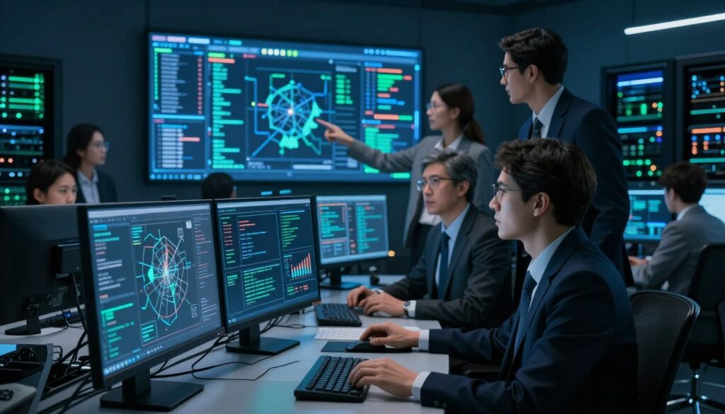 In a high-tech cybersecurity operation center, a diverse team of professionals in business attire collaborates around a sleek, futuristic workstation displaying multiple screens filled with real-time data analytics, threat maps, and alert notifications. The foreground focuses on a focused individual analyzing the data with deep concentration. In the middle, team members are engaged in discussion, pointing at a large digital screen showcasing a dynamic cybersecurity dashboard with graphs and threat indicators. The background features a dark, ambient setting illuminated by soft blue and green LED lights, creating a serious and intense atmosphere. A clear view of high-tech servers can be seen, emphasizing continuous monitoring and rapid detection. The overall mood conveys urgency, professionalism, and cutting-edge technology, reinforcing the importance of real-time defense.
