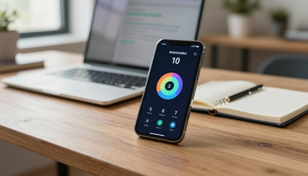 a smartphone displaying an authenticator app on the screen, showing a rotating six-digit code, set on a modern wooden desk with a sleek laptop and a notebook in the background. The foreground features the phone with sharp detail, highlighting the app's user interface with vibrant colors against the dark screen. The middle ground includes the multi-device environment, softly lit by natural light streaming through a nearby window. The background showcases blurred elements of a cozy office space, conveying a sense of productivity and safety. The atmosphere feels professional, inviting, and secure, with a calm color palette emphasizing technology and online security themes.