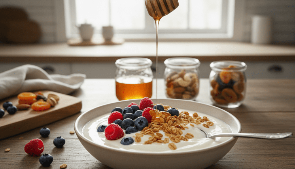 A beautifully styled bowl of creamy Greek yogurt sits prominently in the foreground, garnished with fresh berries like blueberries and raspberries, and a sprinkle of crunchy granola. The yogurt is rich and thick, with a glossy sheen that reflects light. In the middle ground, there are small glass jars filled with honey and nuts, enhancing the dessert-like appeal. The background features a softly blurred kitchen setting, with natural light filtering in through a window, creating a warm and inviting atmosphere. The overall mood is healthy yet indulgent, evoking a sense of satisfaction and pleasure. The lighting is bright yet soft, highlighting the textures of the yogurt and toppings, presented from a slightly elevated angle to capture all the vibrant colors and details.