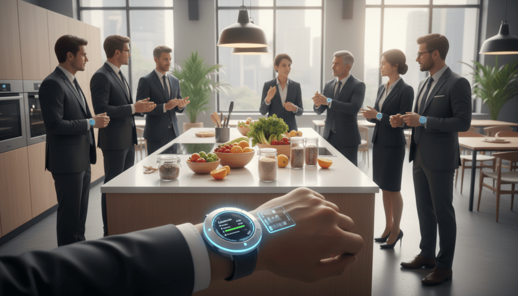 A futuristic wearable food monitoring device is prominently displayed in the foreground, showcasing sleek design and advanced technology. A diverse group of individuals, dressed in professional business attire, are engaged in a casual setting while wearing the devices on their wrists. In the middle ground, a bright kitchen environment features healthy food items like fruits, vegetables, and grains, with a subtle display panel on the device indicating real-time nutritional data. The background includes a modern dining area with ambient lighting, creating a warm and inviting atmosphere. The scene is lit with soft, natural light, enhancing the high-tech yet approachable feel. The overall mood is innovative and optimistic, capturing the intersection of technology and health in a vibrant, harmonious lifestyle.