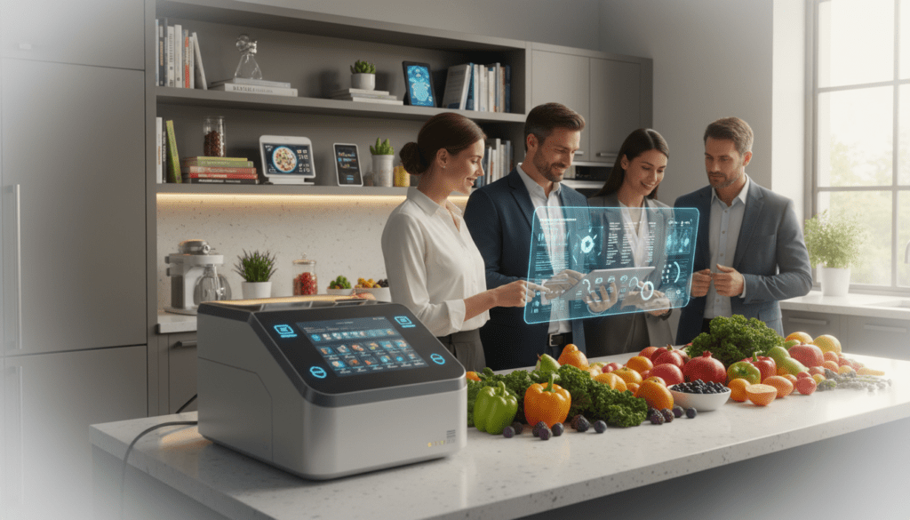 A modern, sleek kitchen with a high-tech nutritional analysis station in the foreground. Display vibrant, colorful fruits and vegetables arranged artistically on the counter, emphasizing healthy eating. A diverse group of professionals in smart casual attire—dietitians and nutritionists—are engaging with a digital tablet, analyzing data displayed on a holographic screen showing nutritional information and meal plans. In the middle ground, shelves are filled with books on nutrition and dietetics, alongside advanced AI tools and devices. The background showcases a bright window with natural light flooding the room, creating an inviting atmosphere. Soft, warm lighting highlights the high-tech features, while a slight blur on the edges gives focus to the main subjects. The mood is innovative and inspiring, illustrating the fusion of technology and nutrition.
