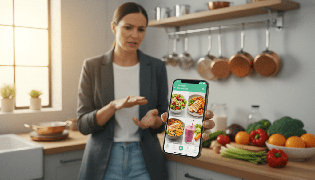 A modern, well-lit kitchen scene showcasing a digital food logging application in use. In the foreground, a smartphone displays an intuitive interface with an array of delicious, freshly prepared dishes, including a colorful salad, grilled chicken, and a fruit smoothie; the app interface highlights the distinct food items for recognition. In the middle ground, a professional dietitian, dressed in smart casual attire, is analyzing the food images on the device, showcasing a focused expression. The background features neatly organized kitchen items, like pots, pans, and fresh vegetables, creating an atmosphere of health and nutrition. Soft, natural lighting filters in through a window, adding warmth and a welcoming vibe to the setting. A shallow depth of field emphasizes the smartphone while keeping the kitchen subtly in focus, enhancing the image's clarity and professionalism.
