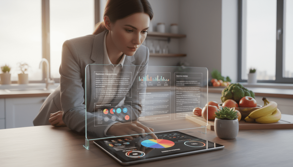 A serene workspace showcasing a high-tech approach to personalized nutrition. In the foreground, a modern tablet displays colorful graphs and biomarker data, with vibrant pie charts indicating dietary preferences and health metrics. To the left, a professional nutritionist, dressed in smart casual attire, is intently examining this data, reflecting focus and expertise. In the middle, a sleek, transparent screen presents additional recommendations, like meal plans and nutrient breakdowns, while a small, lush plant symbolizes health and vitality. The background features a well-organized kitchen with fresh fruits and vegetables, bathed in warm, natural light that conveys a feeling of innovation and care. The overall mood is inspiring and forward-looking, emphasizing the integration of technology in dietetics.