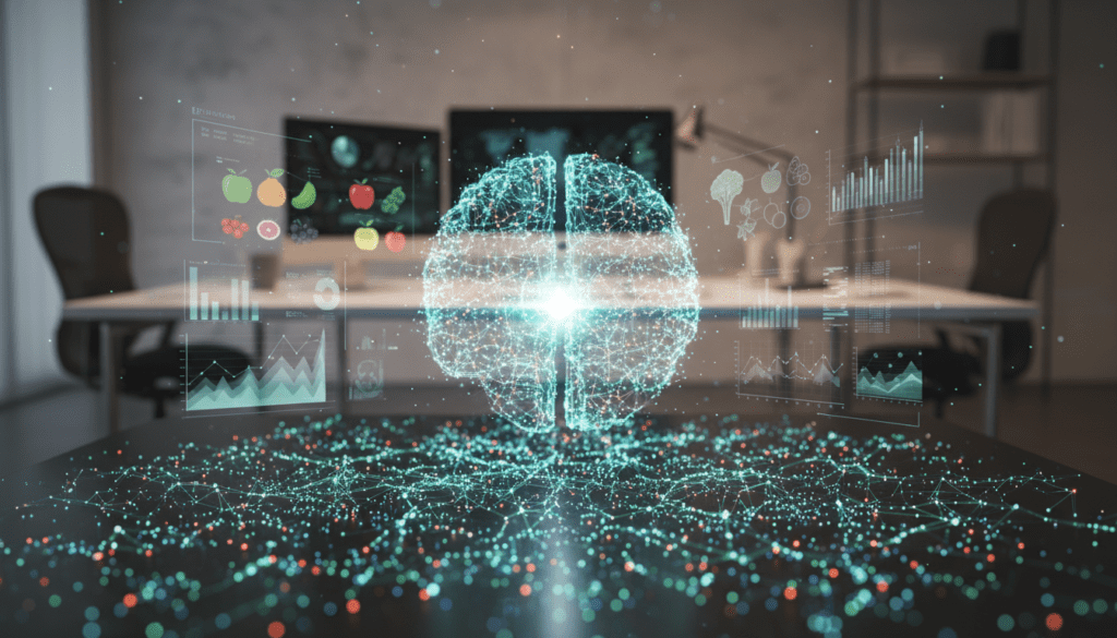 A visualization of deep learning as a central neural network structure, glowing with vibrant blue and green light. In the foreground, digital nodes and interconnected pathways form an intricate brain-like design, symbolizing complex data processing. The middle ground features holographic graphs and charts representing nutrition data analysis, with elements like fruits and vegetables subtly integrated into the design. In the background, a sleek, modern workspace with a soft-focus effect, illuminated by warm ambient light, conveys a professional atmosphere. Use a shallow depth of field to enhance focus on the neural network, with a slight lens flare effect to suggest innovation and discovery. The overall mood should reflect inspiration and advancement in artificial intelligence related to nutrition and dietetics.
